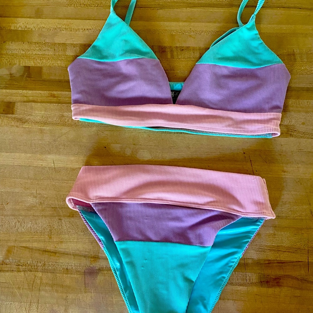 Beach Riot swim suit- purple pink and turquoise